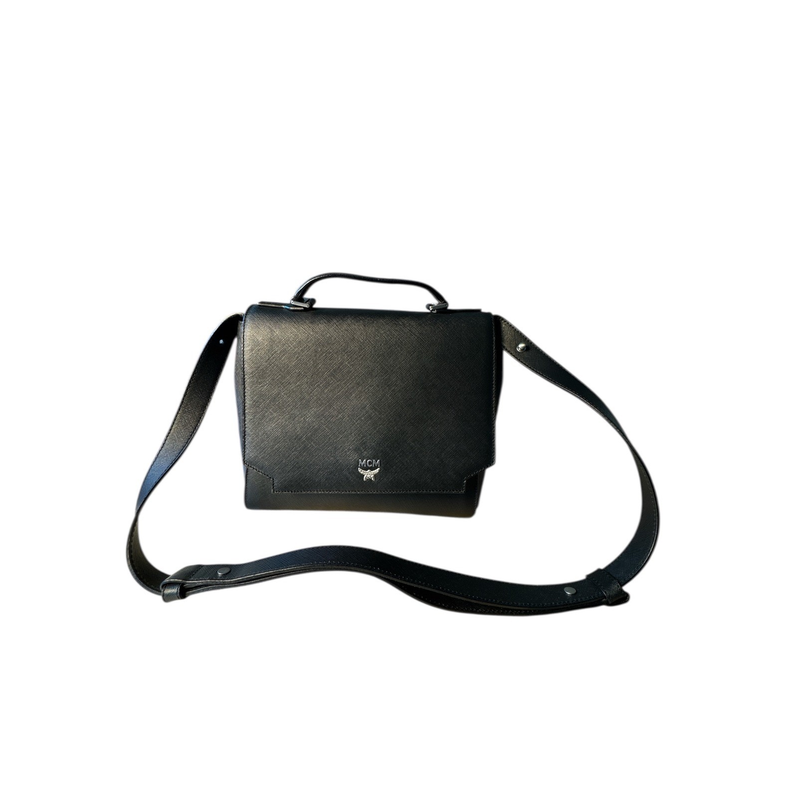 Mcm Black Leather Luxury Style Shoulder Bag Top Handle Detachable Strap